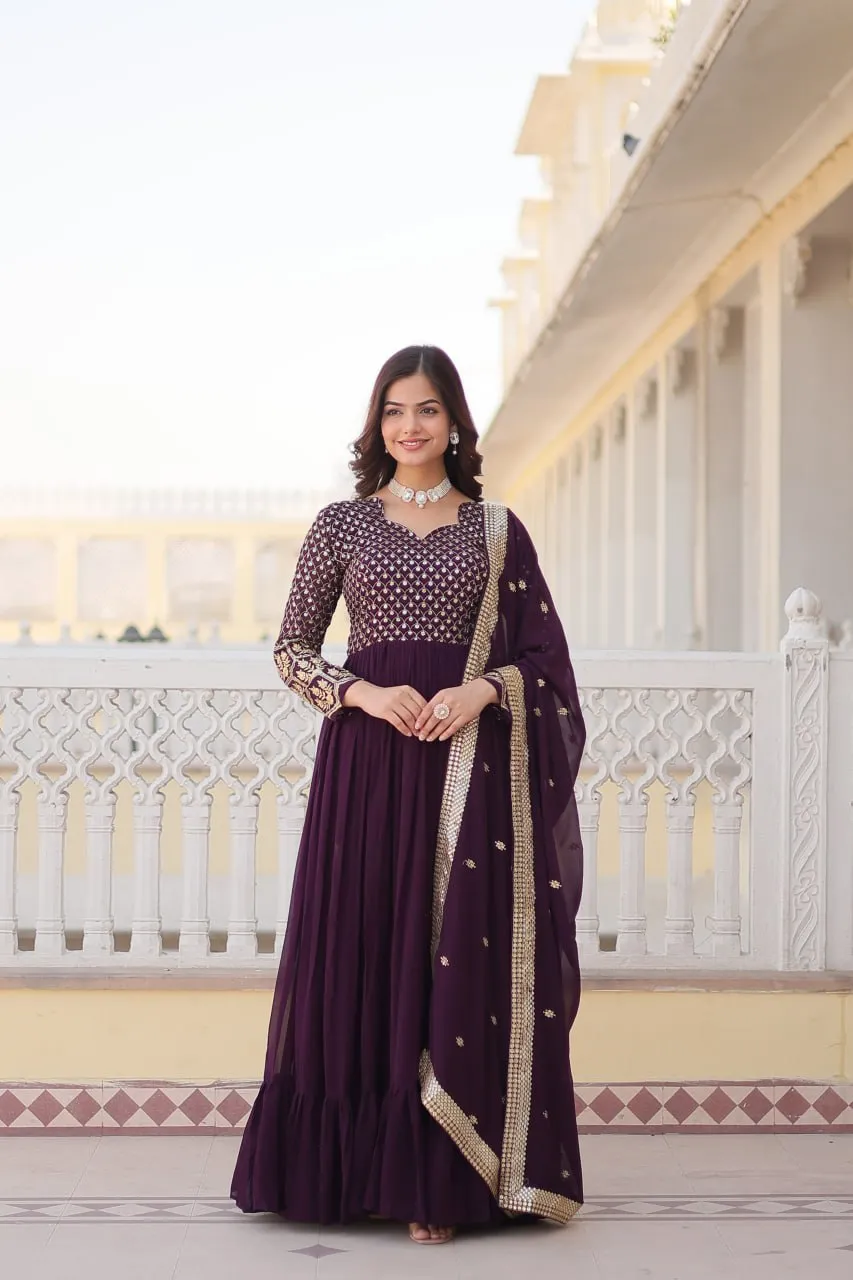 Faux Blooming Multi Sequin Embroidered Wine Gown with Luxurious Dupatta