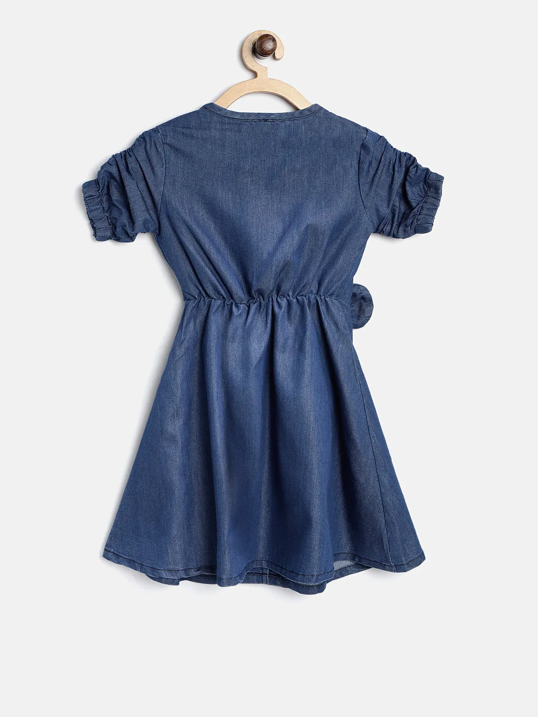 Gilr's Denim Dress With Bow And White Lace - StyleStone Kid