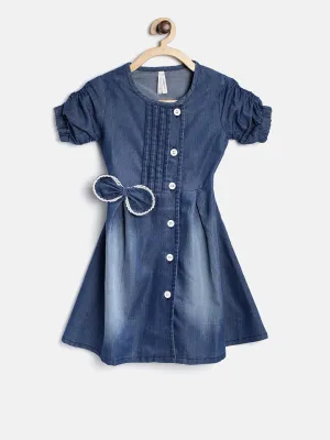 Gilr's Denim Dress With Bow And White Lace - StyleStone Kid