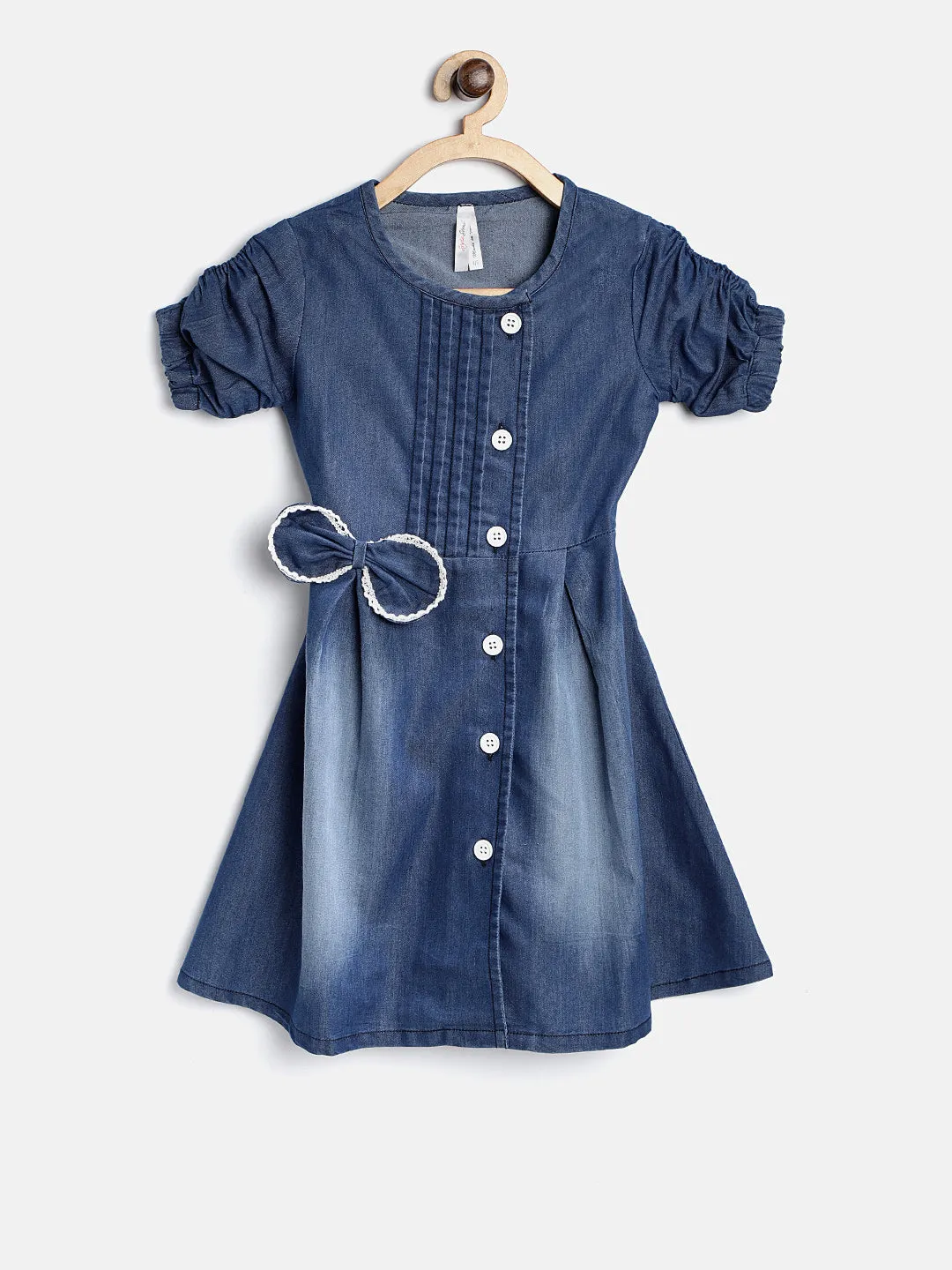 Gilr's Denim Dress With Bow And White Lace - StyleStone Kid