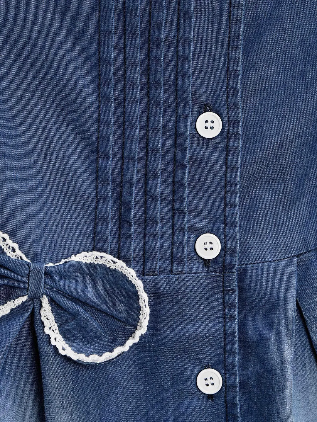 Gilr's Denim Dress With Bow And White Lace - StyleStone Kid