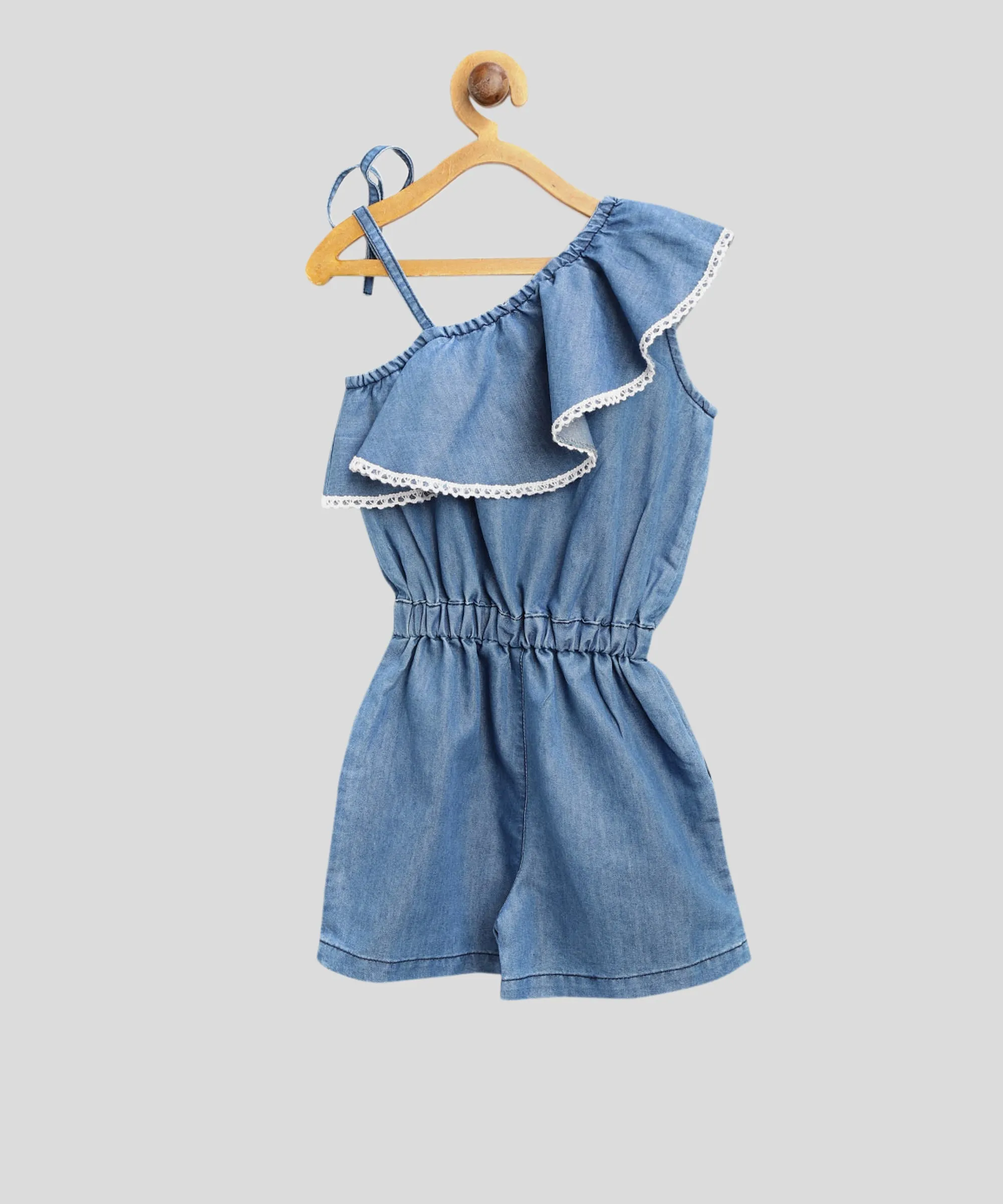Gilr's Denim Lace Flap One Shoulder Playsuit - StyleStone Kid