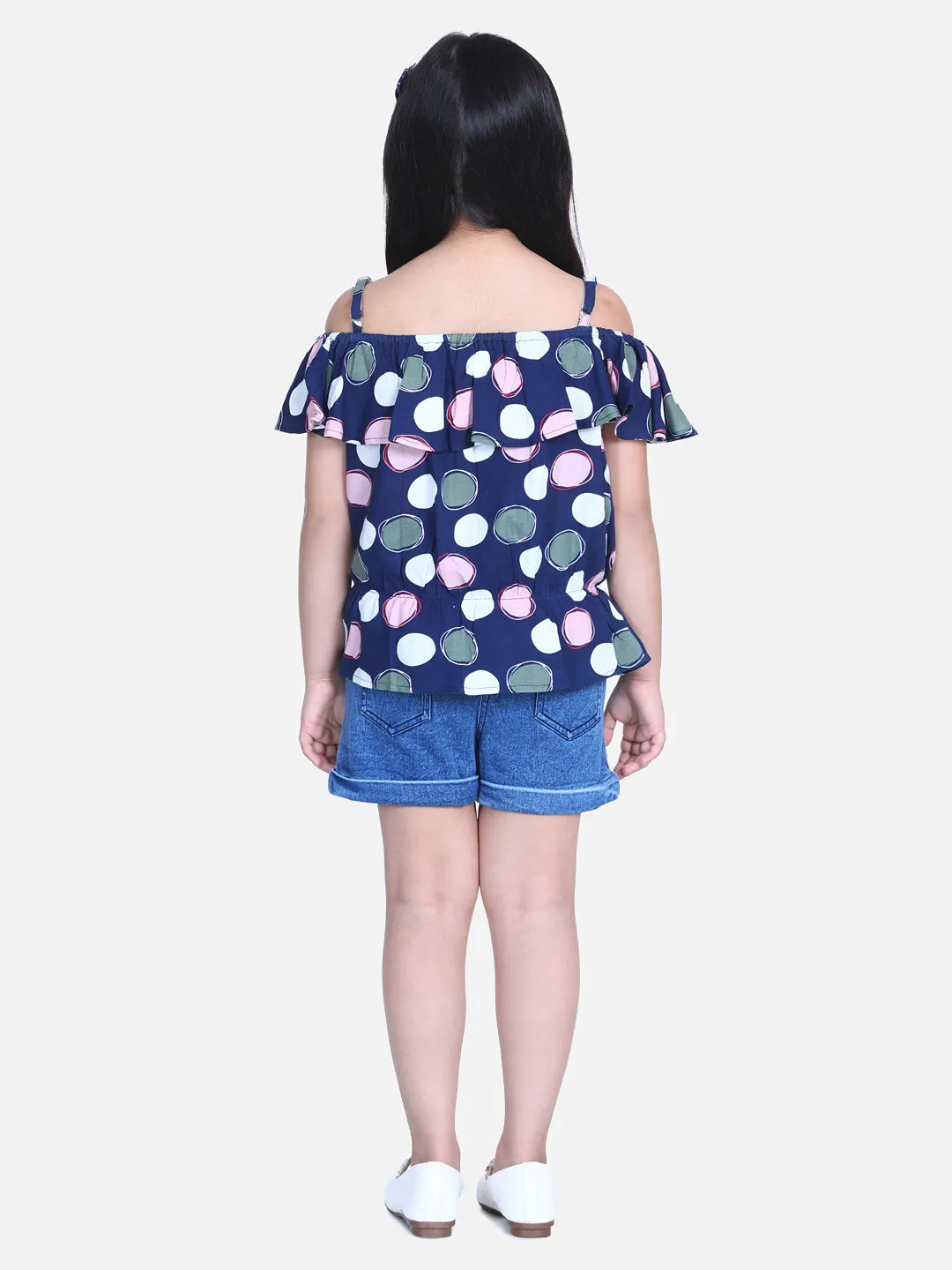 Girl's   Blue Polka Cold Shoulder Top With Denim Shorts - StyleStone Kid