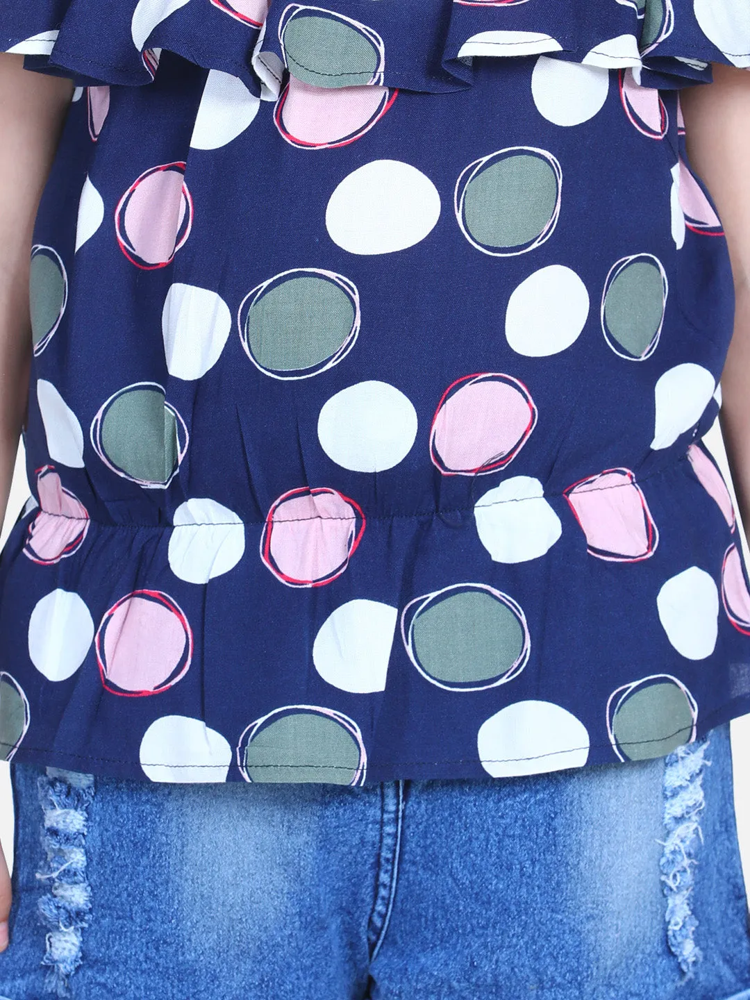 Girl's   Blue Polka Cold Shoulder Top With Denim Shorts - StyleStone Kid