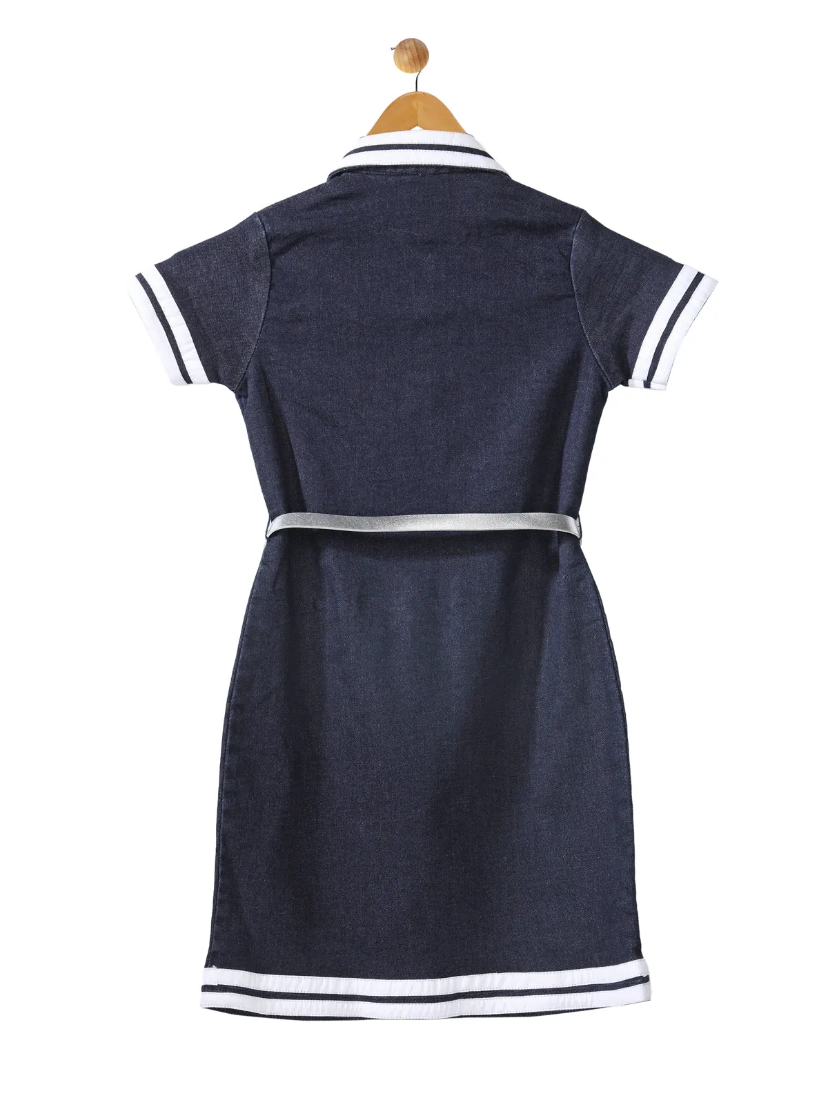 Girl's  Dark Blue Striped Sleeve Dress With Belt - StyleStone Kid