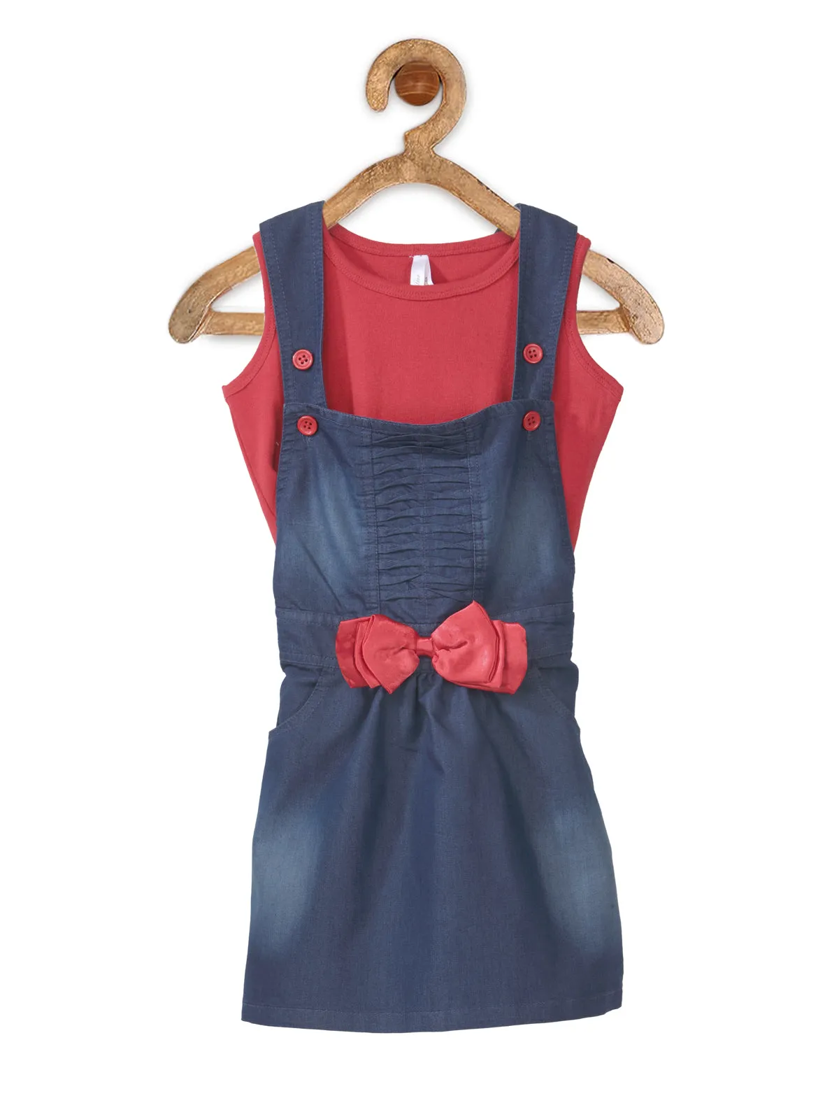 Girl's  Denim Dungaree Skirt With Red Sleeveless Inner Top - StyleStone Kid