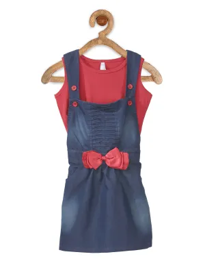 Girl's  Denim Dungaree Skirt With Red Sleeveless Inner Top - StyleStone Kid