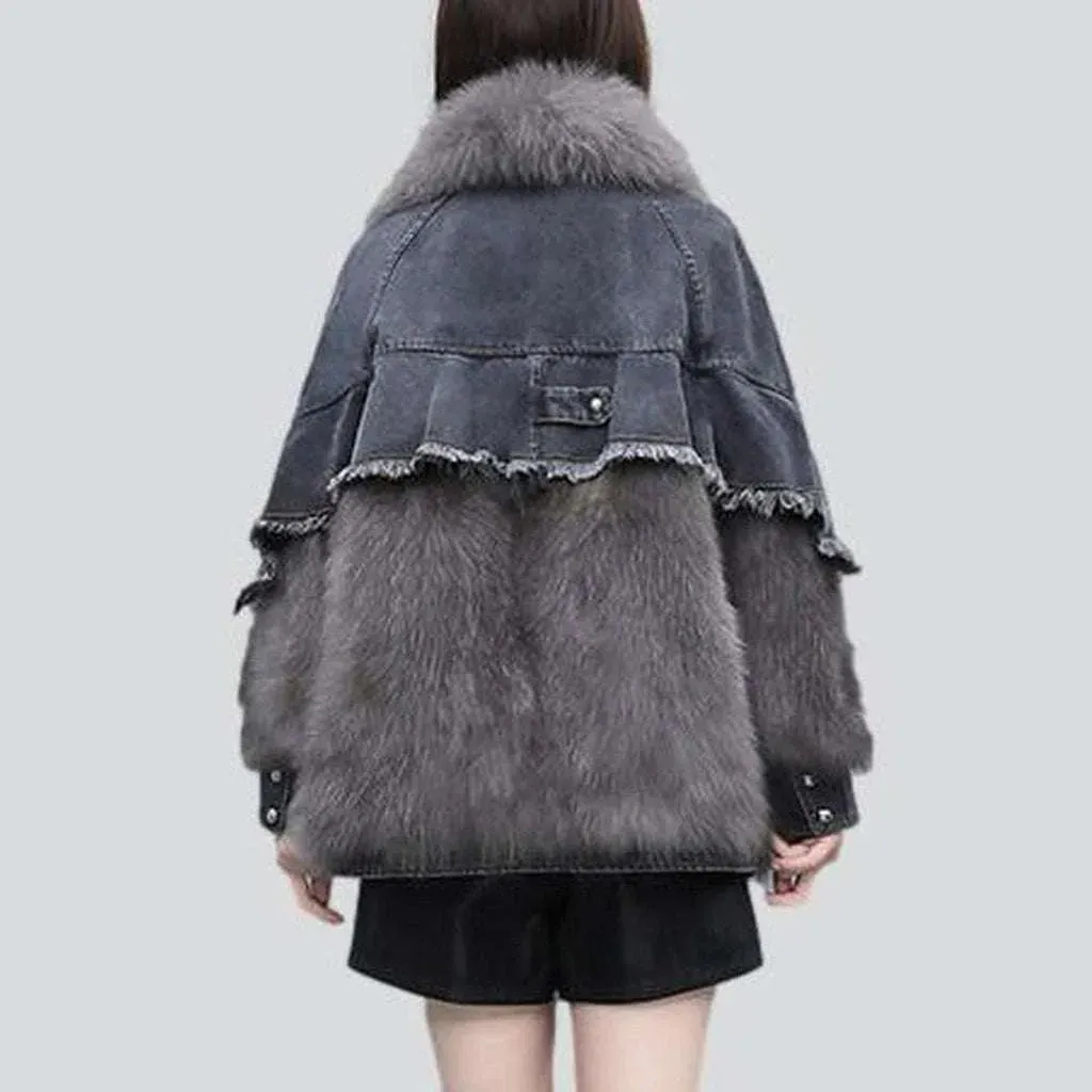 Grey denim jacket with fur