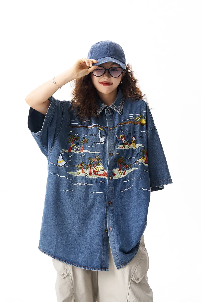 Hawaiian Embroidered Denim Short Sleeve Shirt