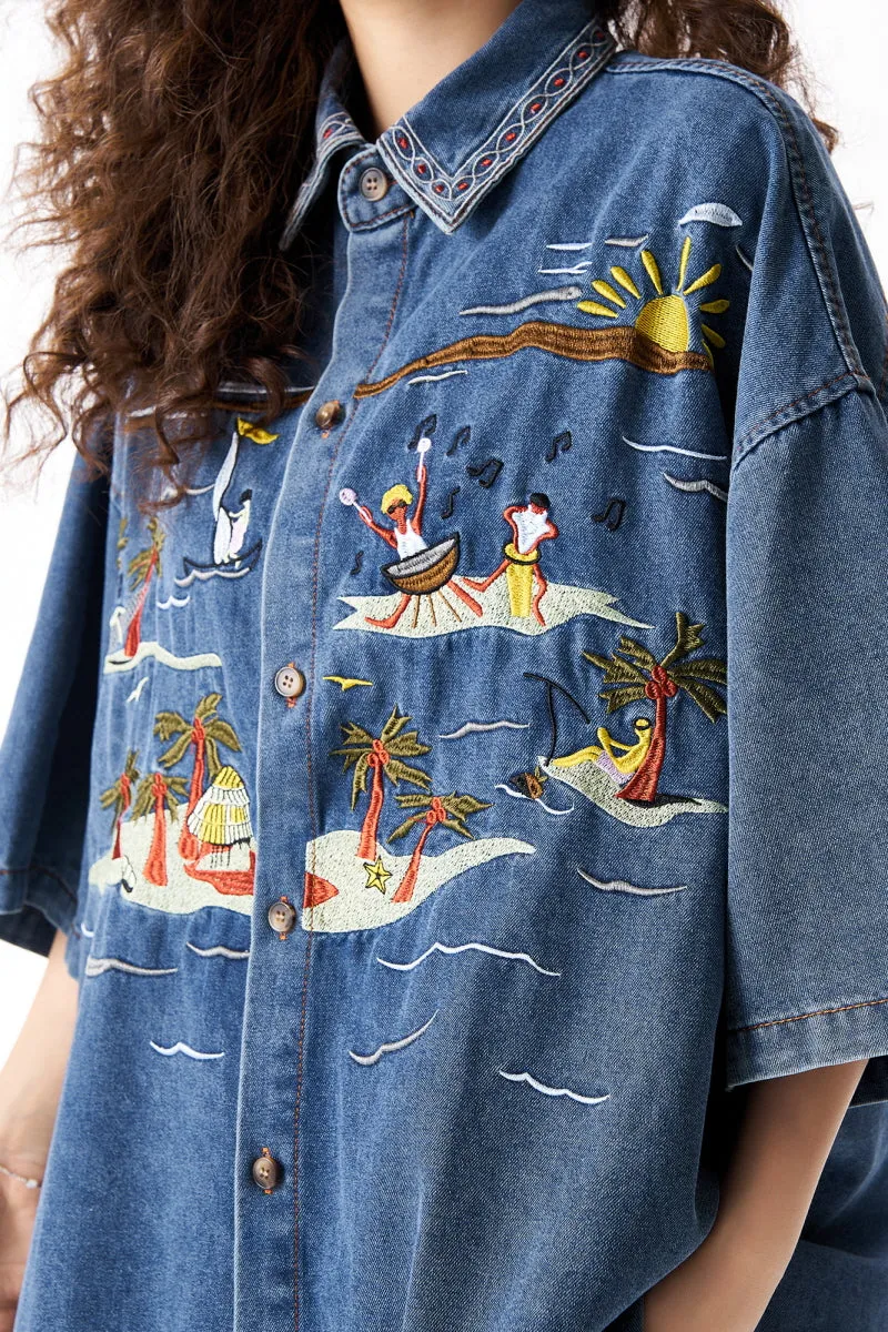 Hawaiian Embroidered Denim Short Sleeve Shirt