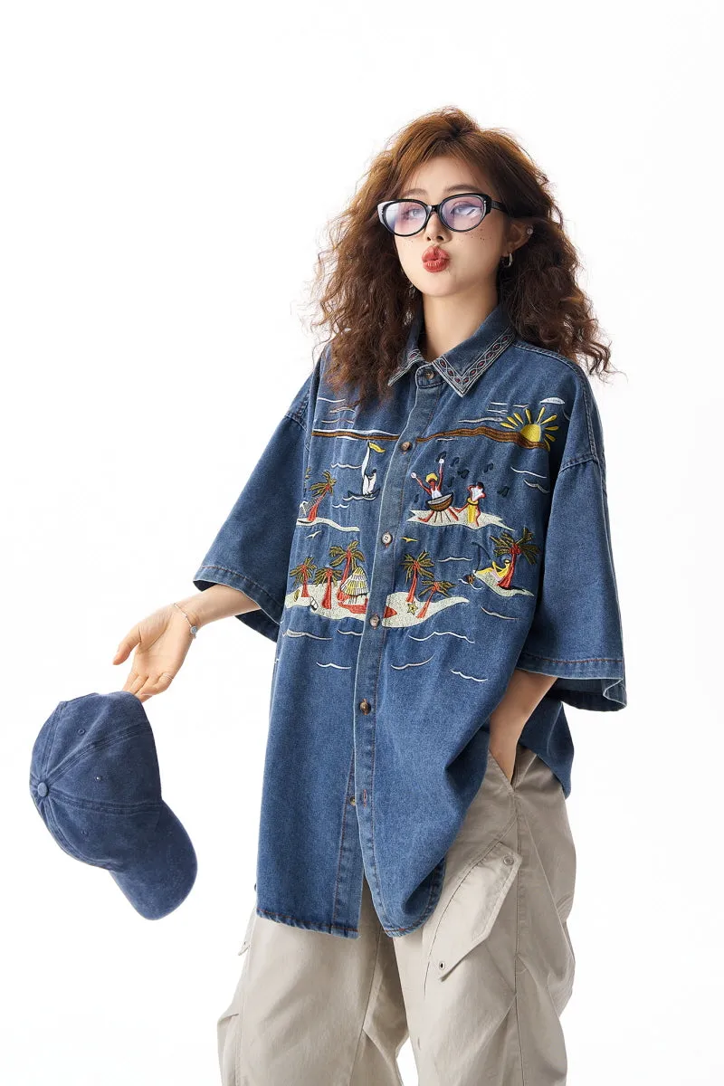 Hawaiian Embroidered Denim Short Sleeve Shirt