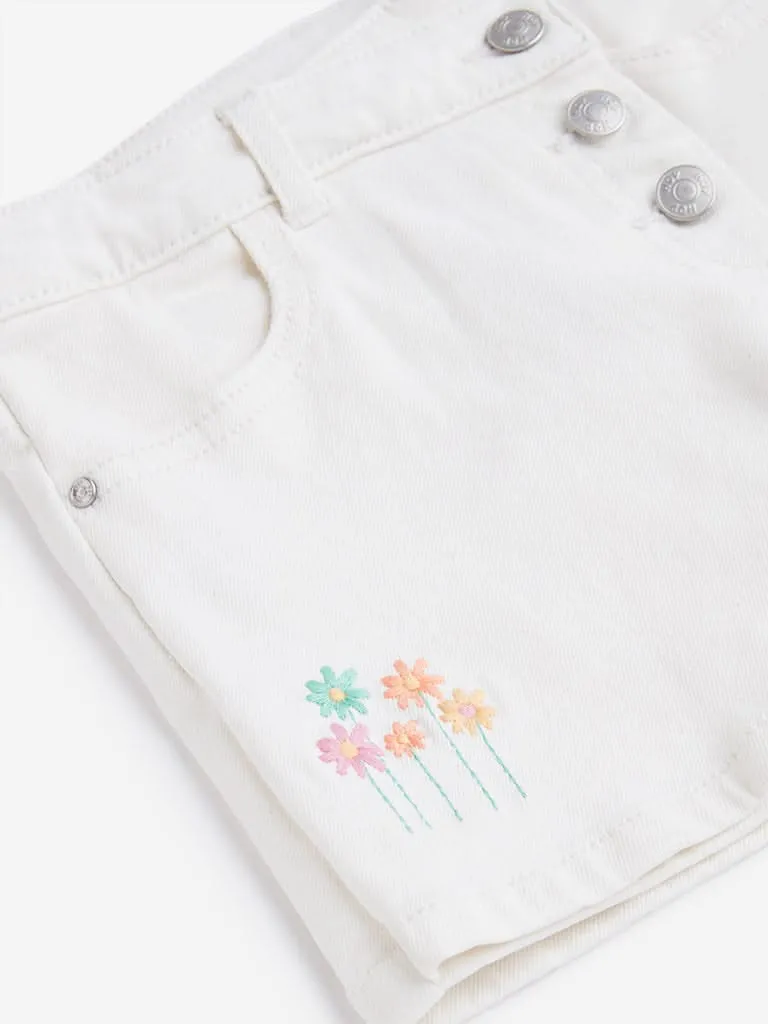 HOP Kids Off-White Floral Embroidered Denim Skort