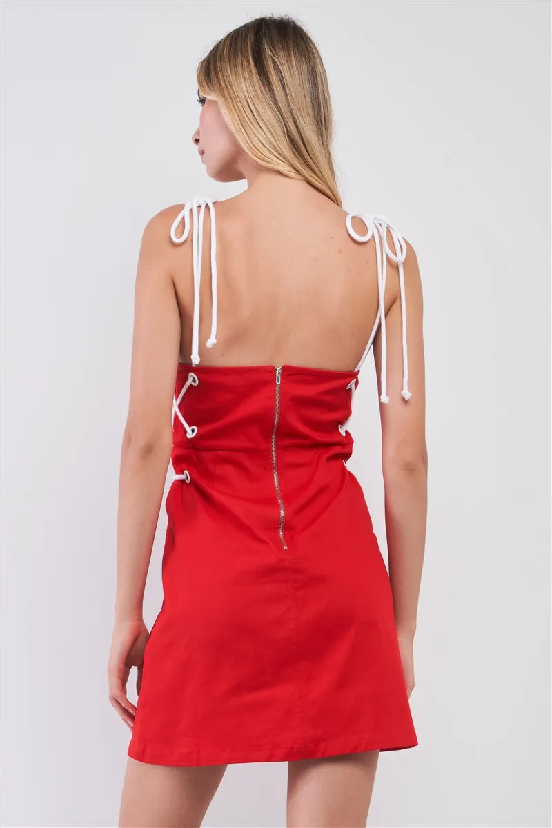 Hot Girl Cherry Lady Lace-Up Square Neck Mini Dress In Red