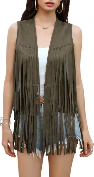 KOJOOIN Women's Fringe Vest 70s Hippie Faux Suede Rivets Sleeveless Fringe Jacket Army Green M