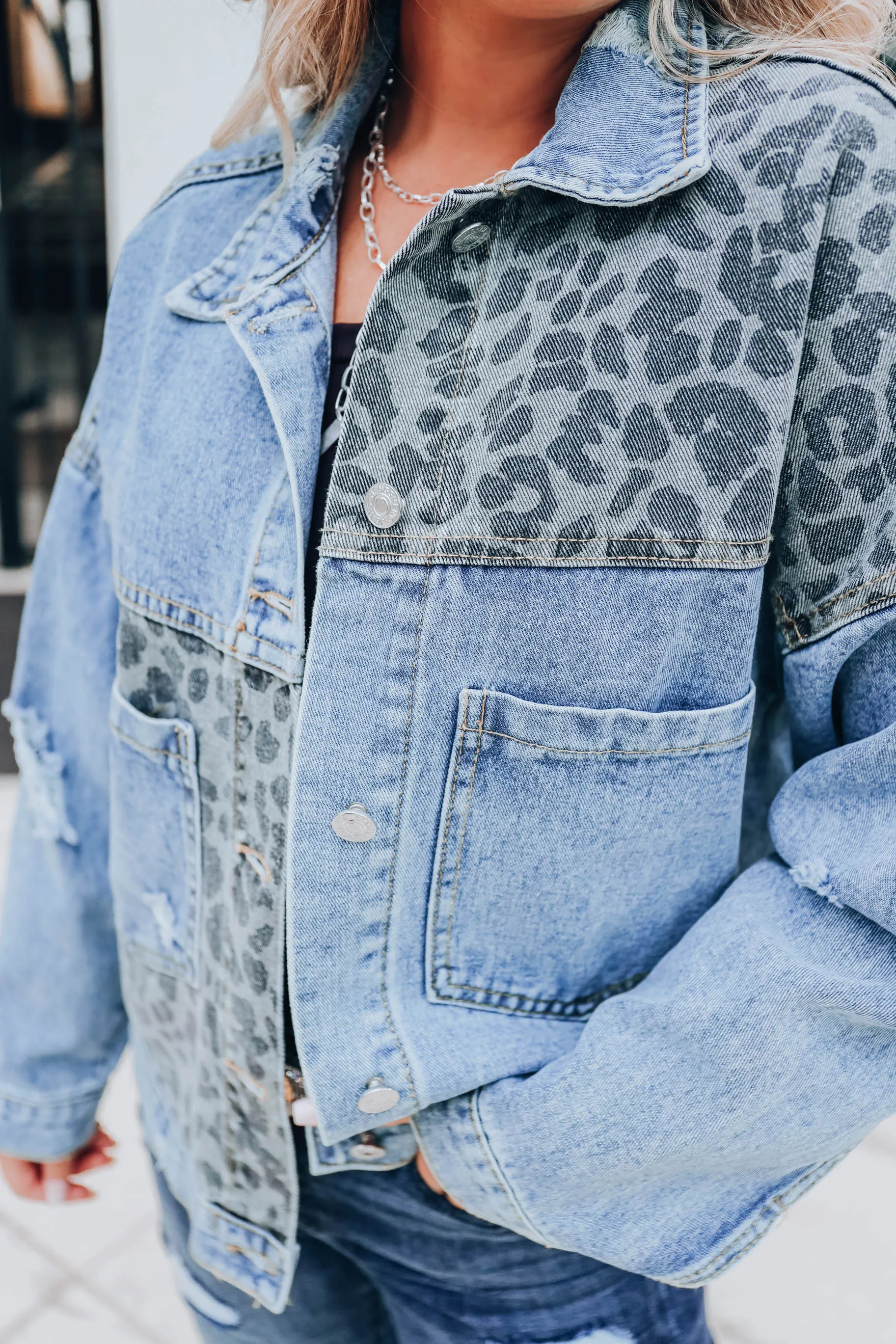 Leopard Patch Denim Jacket -Blue