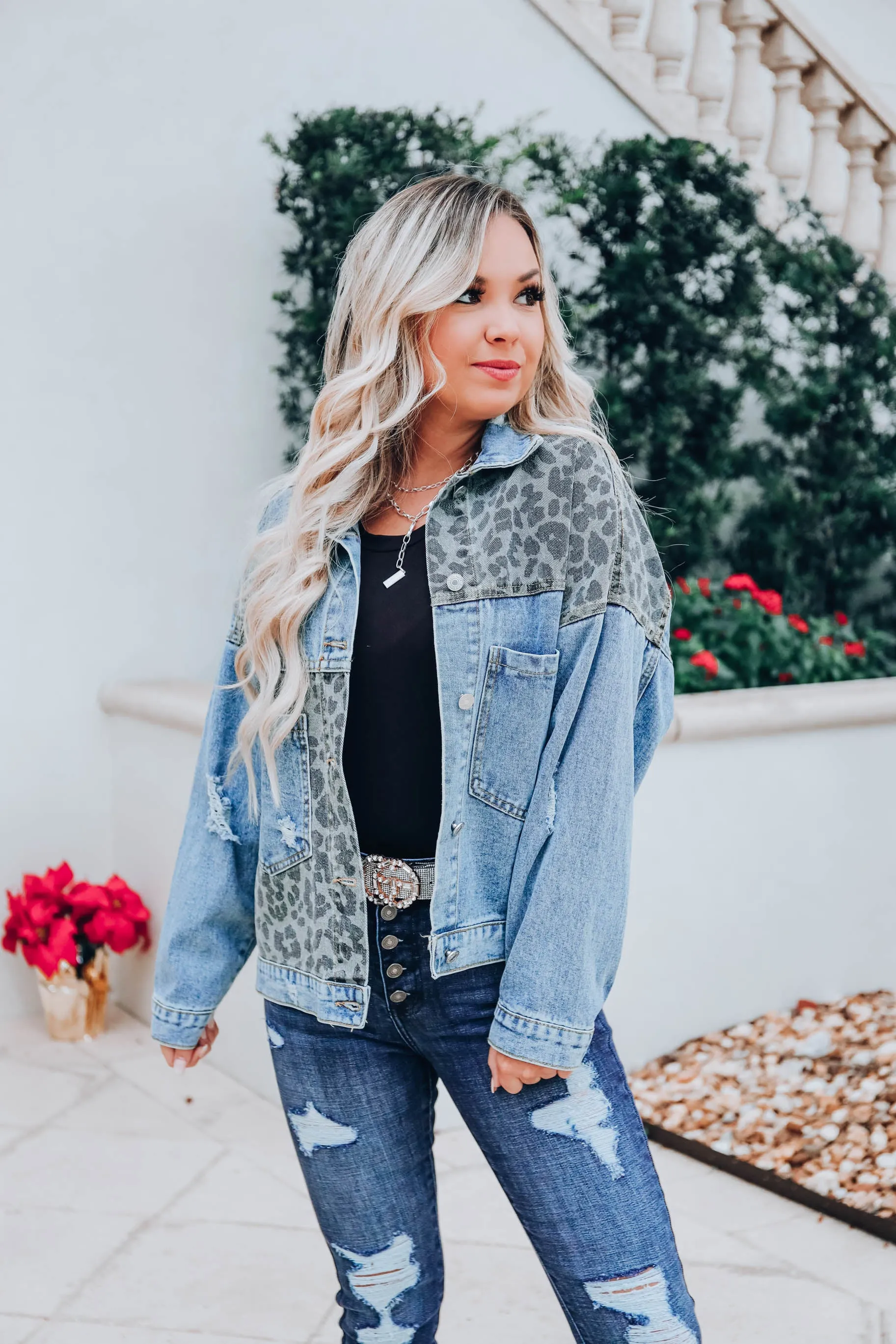 Leopard Patch Denim Jacket -Blue