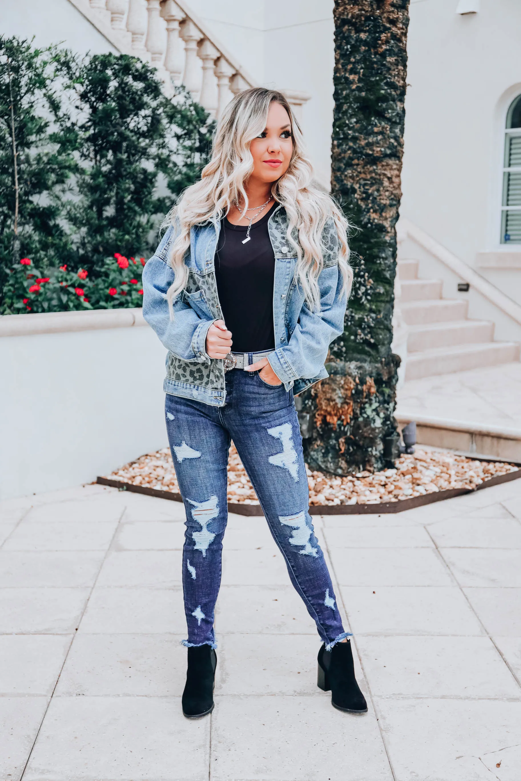 Leopard Patch Denim Jacket -Blue
