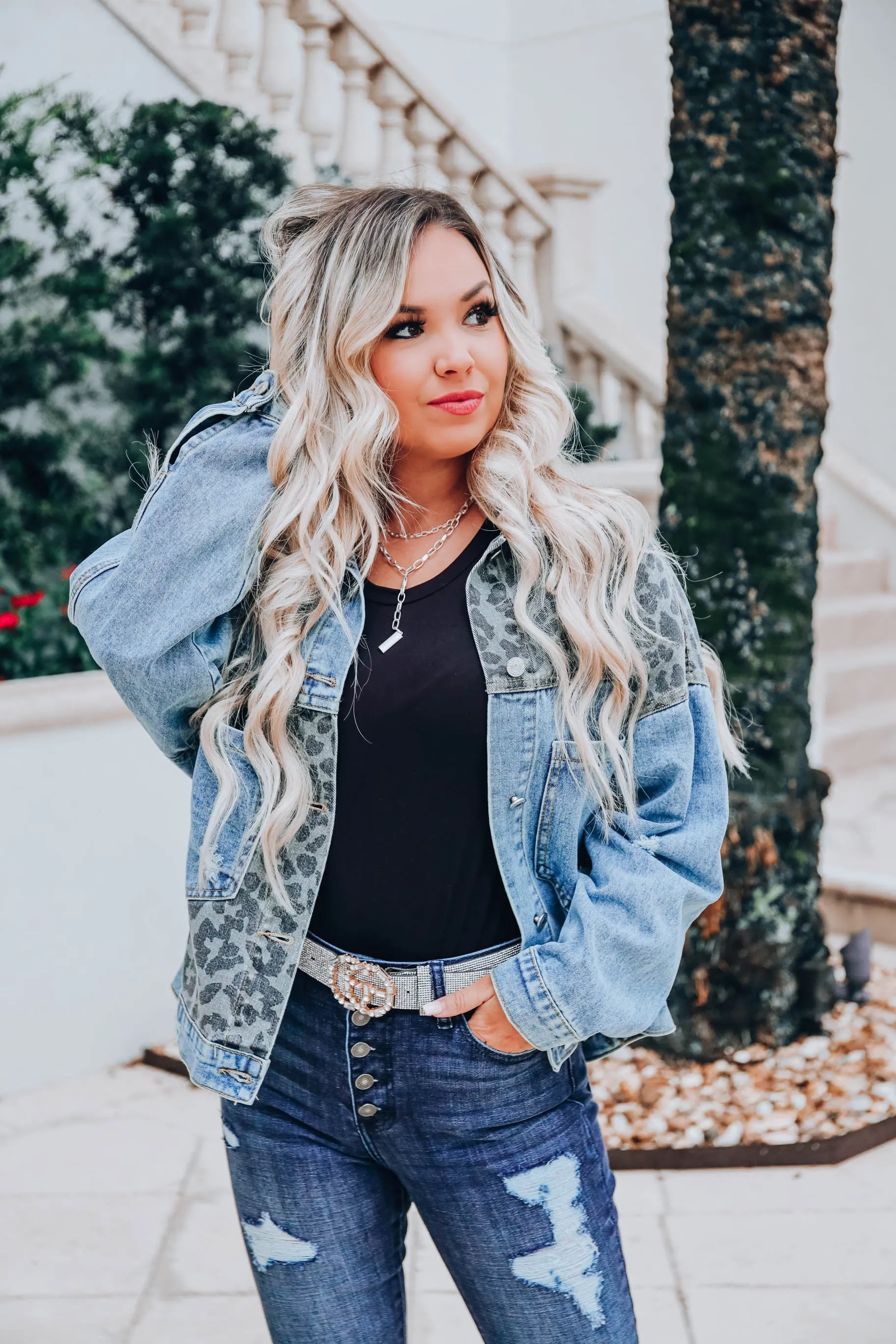 Leopard Patch Denim Jacket -Blue