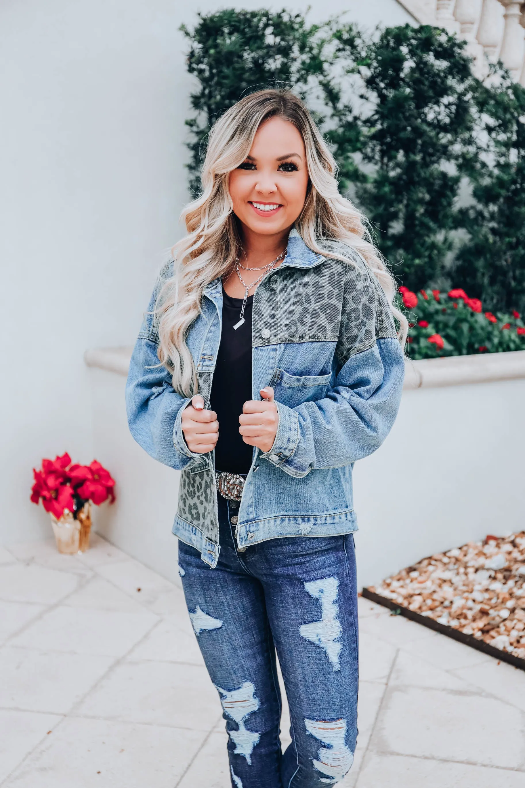 Leopard Patch Denim Jacket -Blue