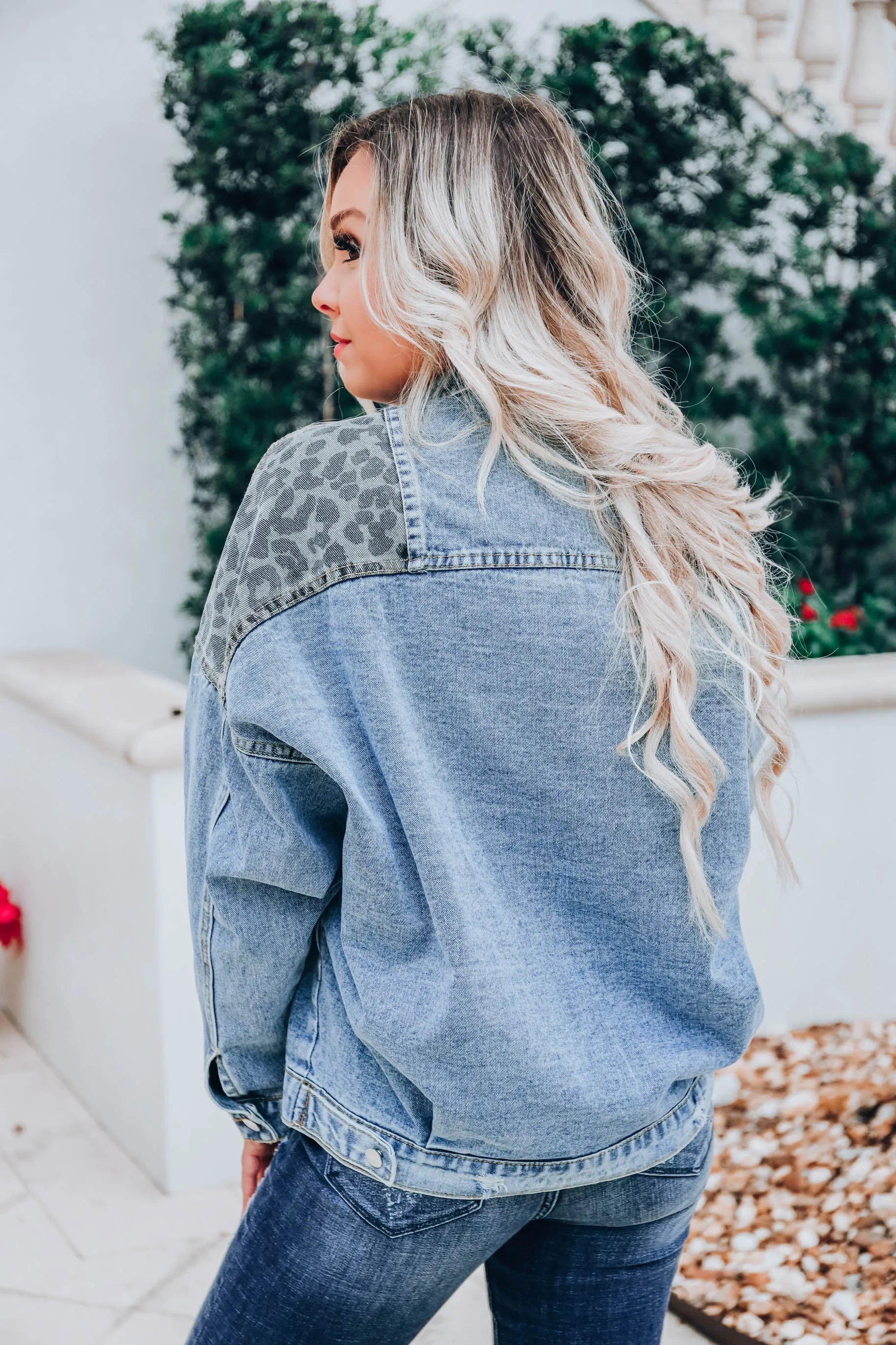 Leopard Patch Denim Jacket -Blue