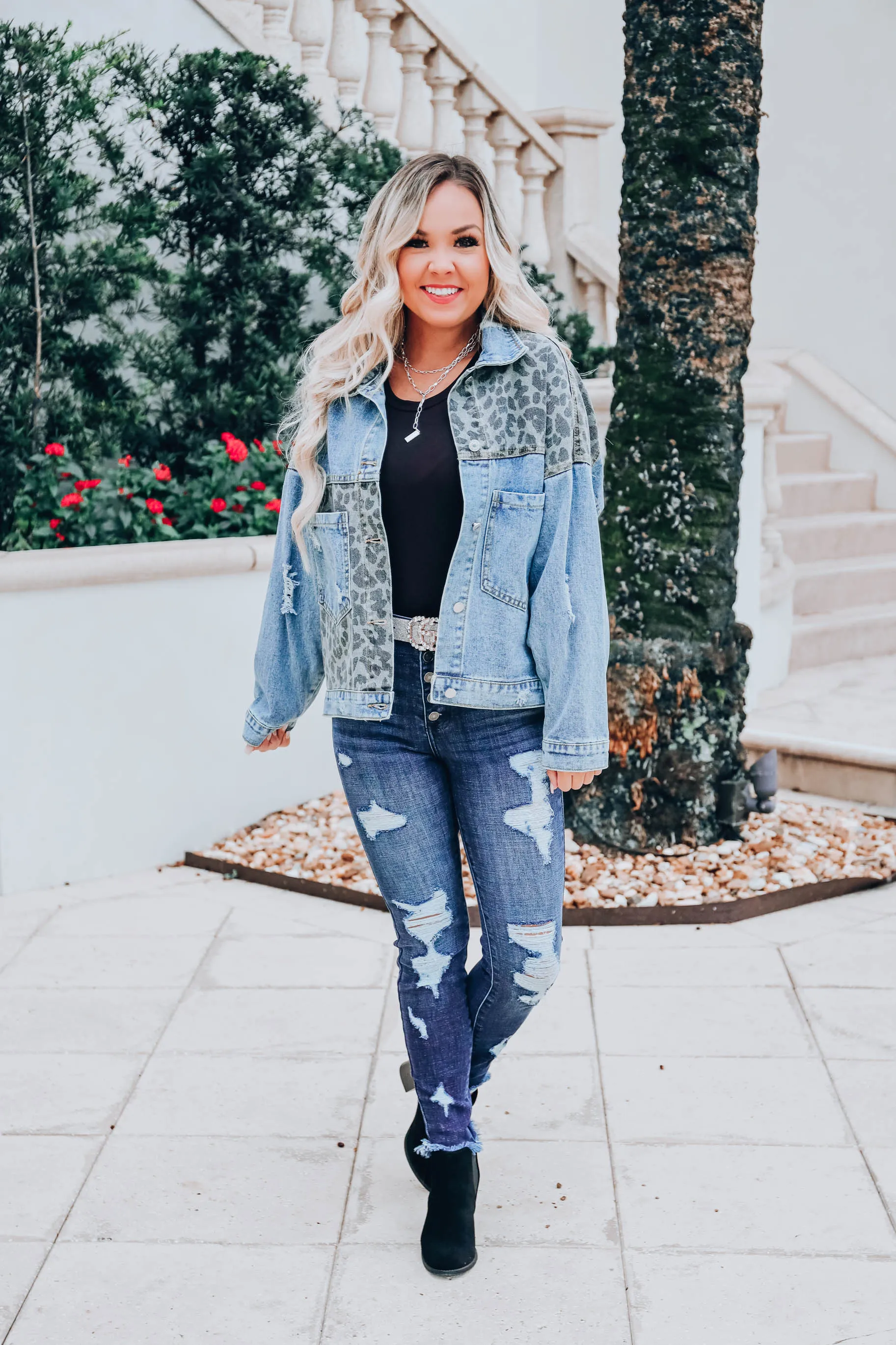 Leopard Patch Denim Jacket -Blue