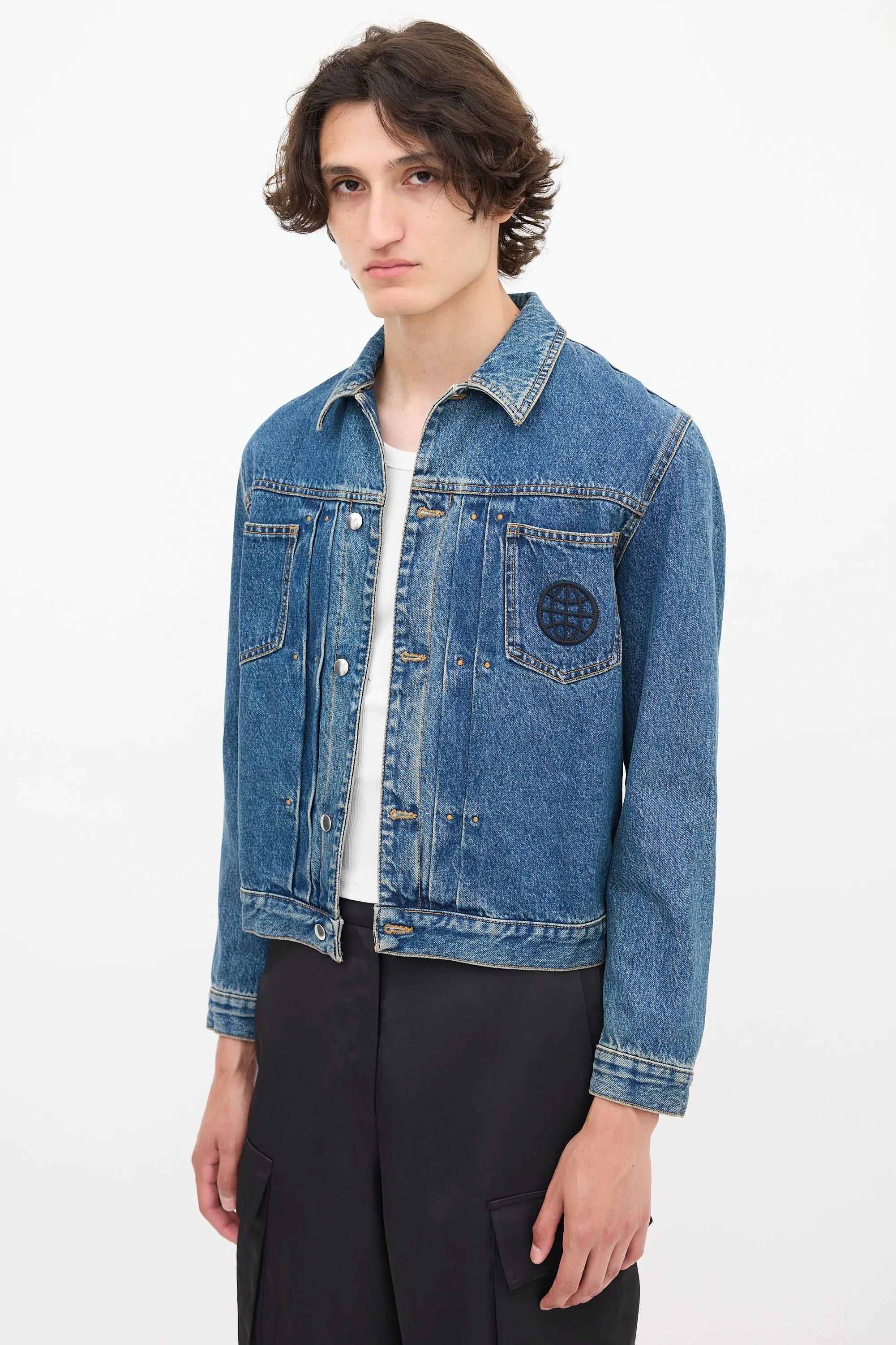 Medium Wash & Black Embroidered Denim Jacket