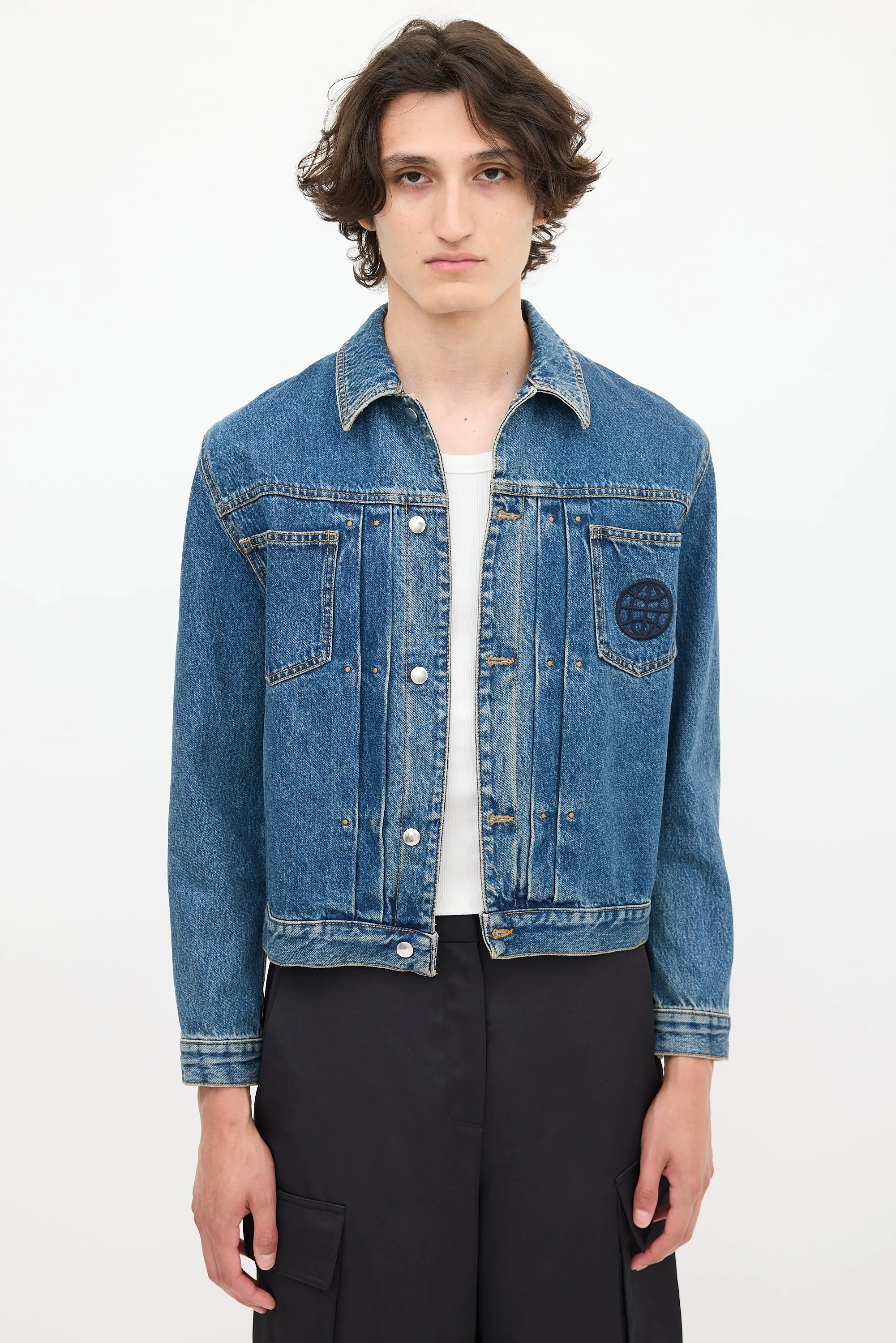 Medium Wash & Black Embroidered Denim Jacket