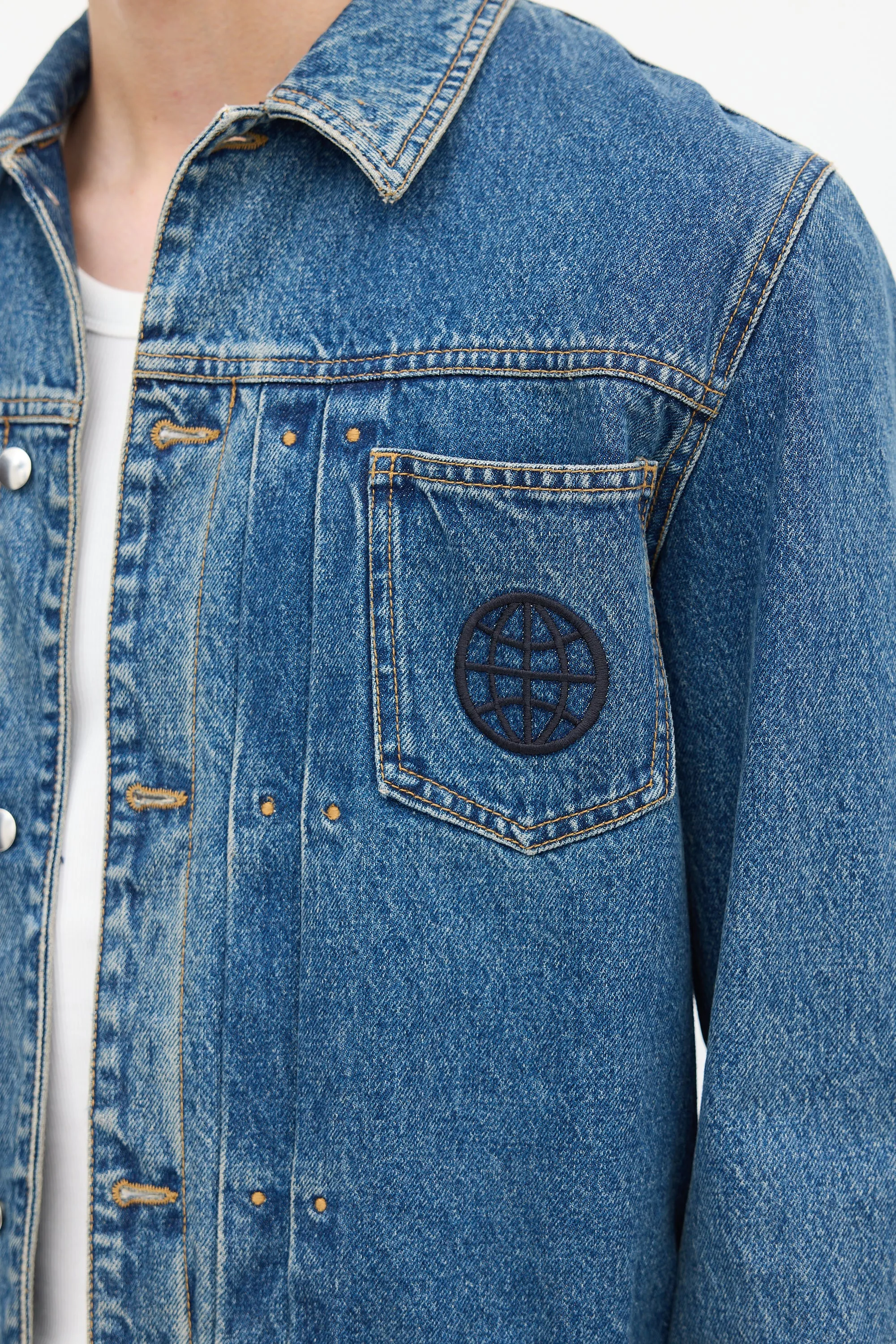 Medium Wash & Black Embroidered Denim Jacket