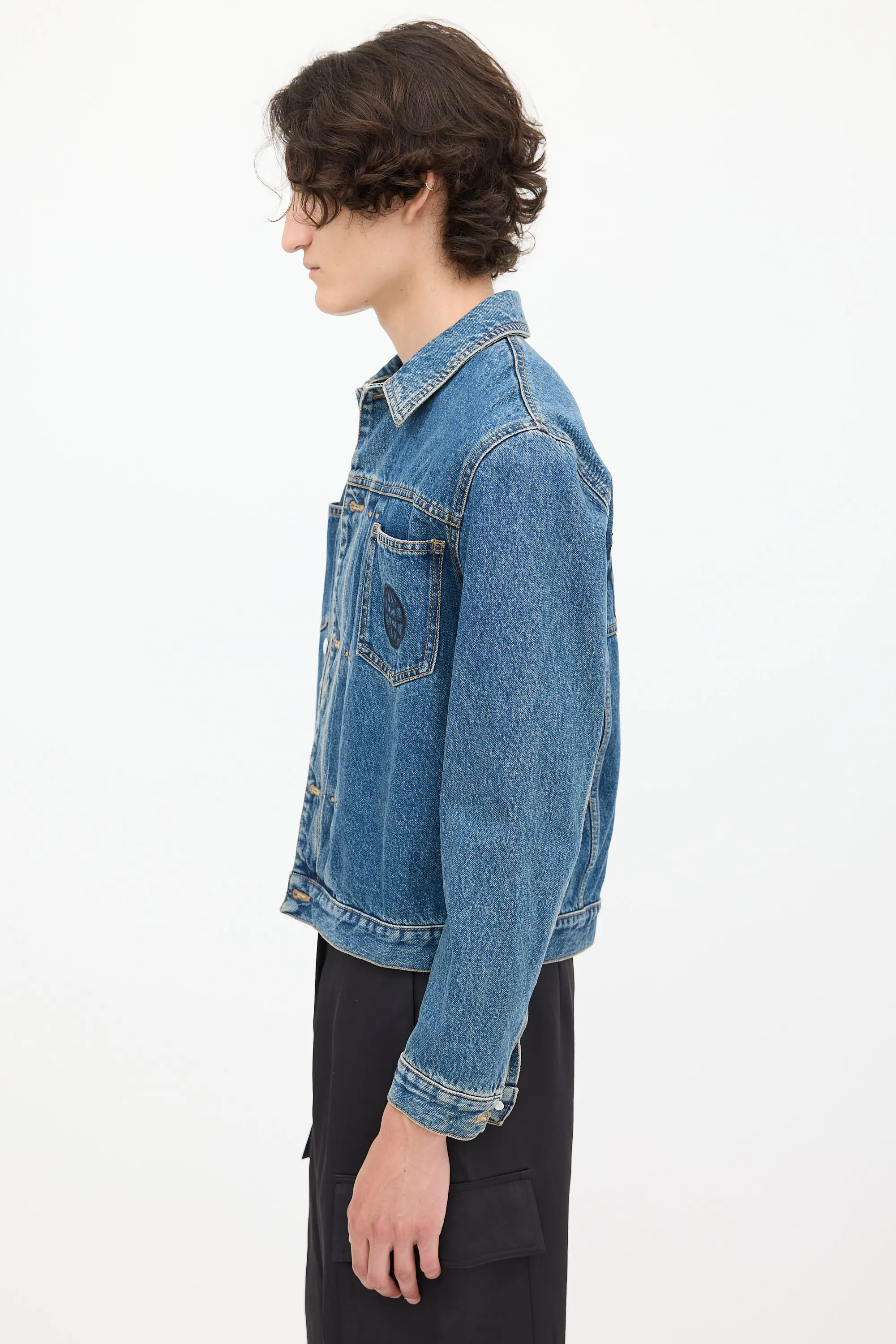 Medium Wash & Black Embroidered Denim Jacket