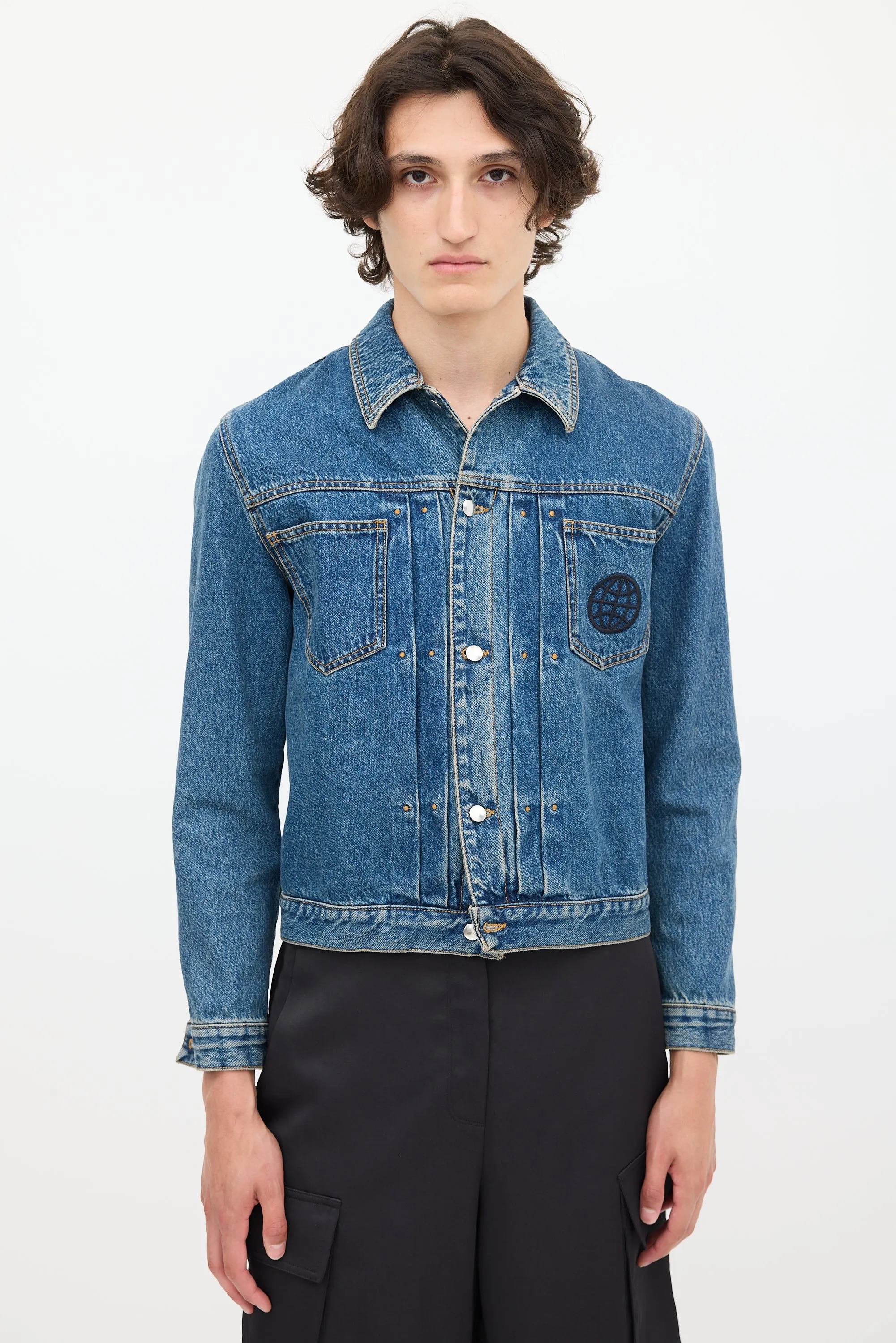 Medium Wash & Black Embroidered Denim Jacket