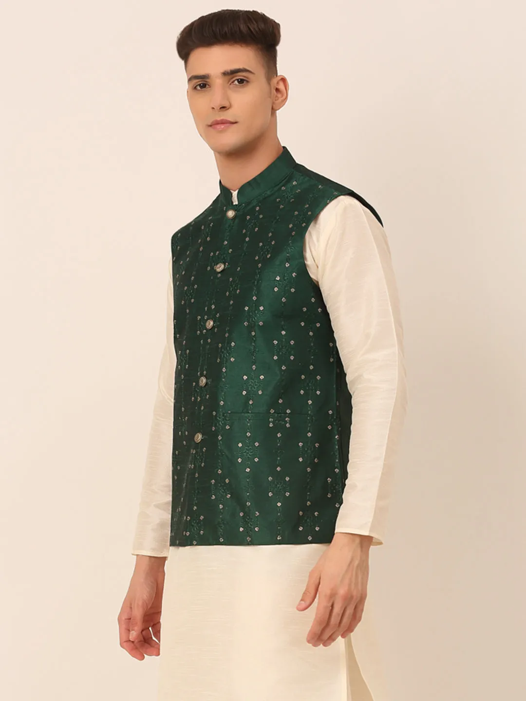 Men's Green Embroidered Woven Nehru Jackets ( Jowc 4044 Green ) - Virat Fashions