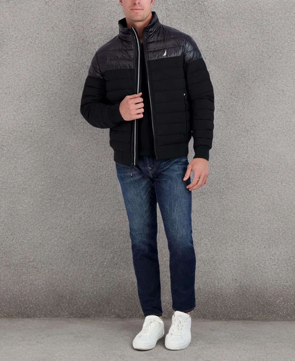Nautica Men's Mixed Media Quilted Bomber Jacket Water Resistant Long Sleeve Zip Up Coat