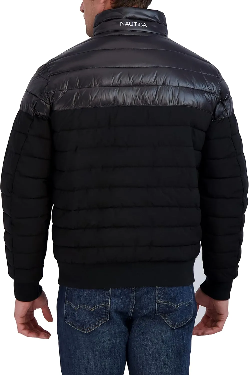 Nautica Men's Mixed Media Quilted Bomber Jacket Water Resistant Long Sleeve Zip Up Coat