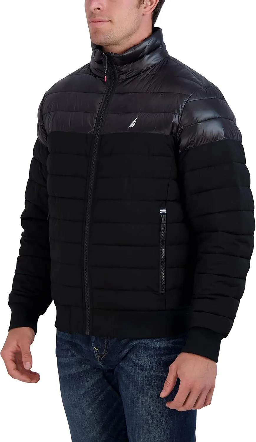 Nautica Men's Mixed Media Quilted Bomber Jacket Water Resistant Long Sleeve Zip Up Coat