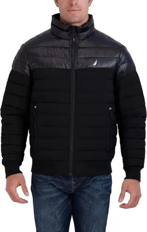 Nautica Men's Mixed Media Quilted Bomber Jacket Water Resistant Long Sleeve Zip Up Coat