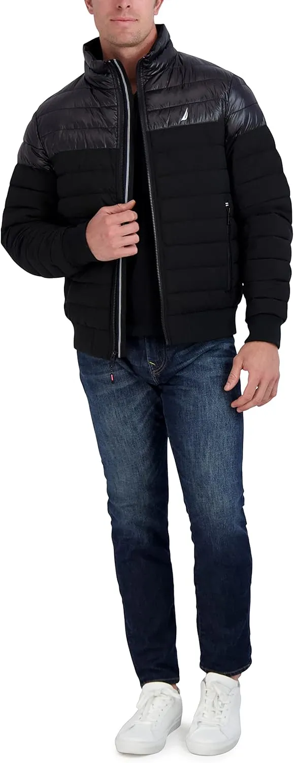 Nautica Men's Mixed Media Quilted Bomber Jacket Water Resistant Long Sleeve Zip Up Coat