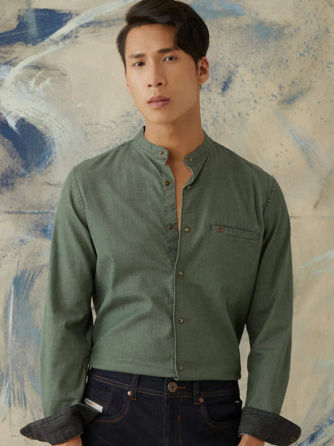 Olive Plain Denim Shirt