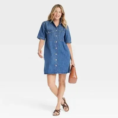 Open Box - Women's Short Sleeve Mini Shirtdress - Universal Thread Blue M