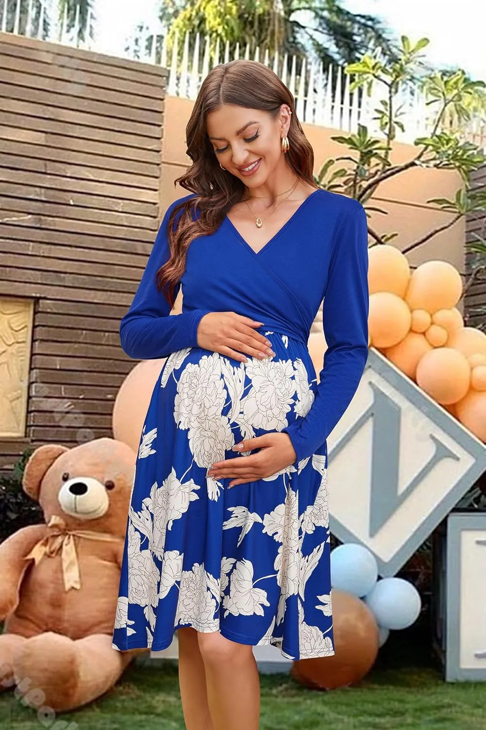 OUGES Womens 2025 V-Neck Maternity Dresses Nursing Breastfeeding Baby Shower Dress
