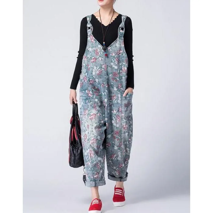 Oversized Denim Floral Print Overall