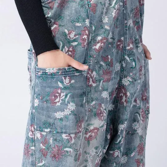 Oversized Denim Floral Print Overall