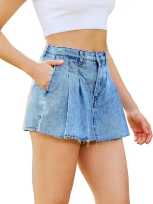 OVRUNS Women's Denim Skort Skirts High Waisted Mini Jean Shorts Pleated Skirt with Pockets
