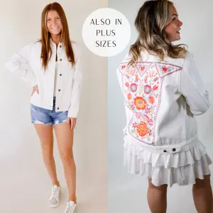 Prime Time Floral Embroidered Denim Jacket With Pockets in White