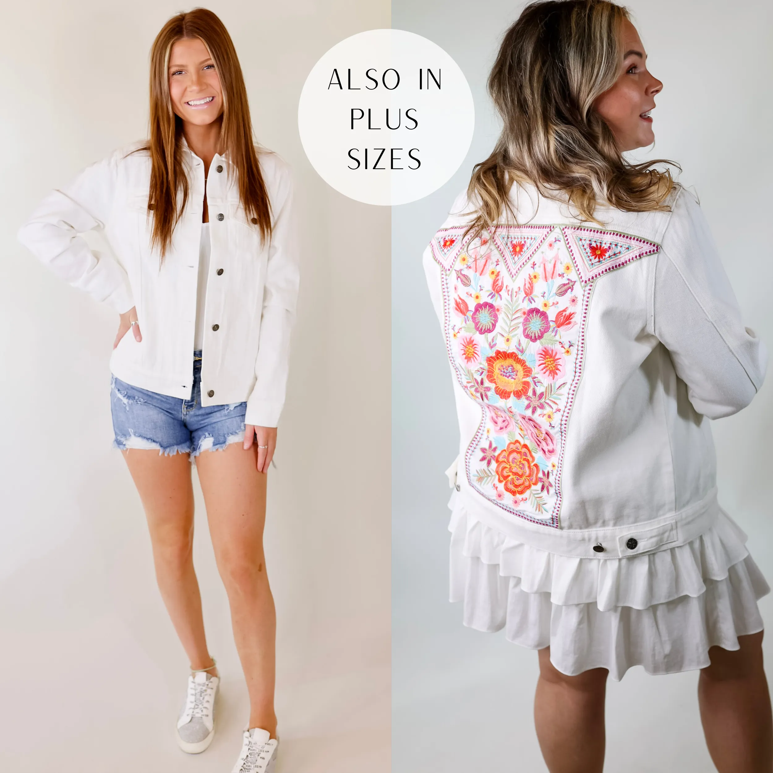 Prime Time Floral Embroidered Denim Jacket With Pockets in White