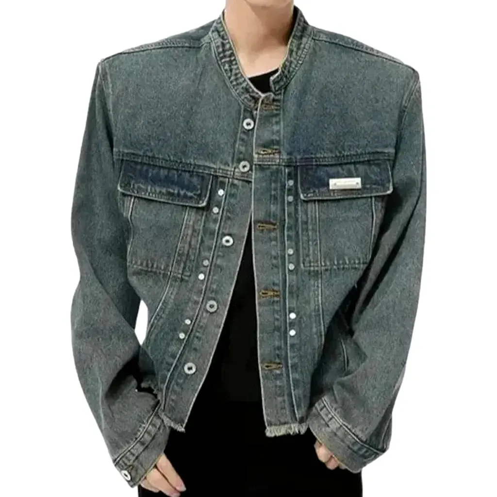 Retro pattern raw hem jeans jacket for men