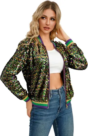 Sequin Bomber Jacket for Women Casual Long Sleeve Zip Up Cardigan Top Shiny Sparkle Mardi Gras Party Festival Outfits