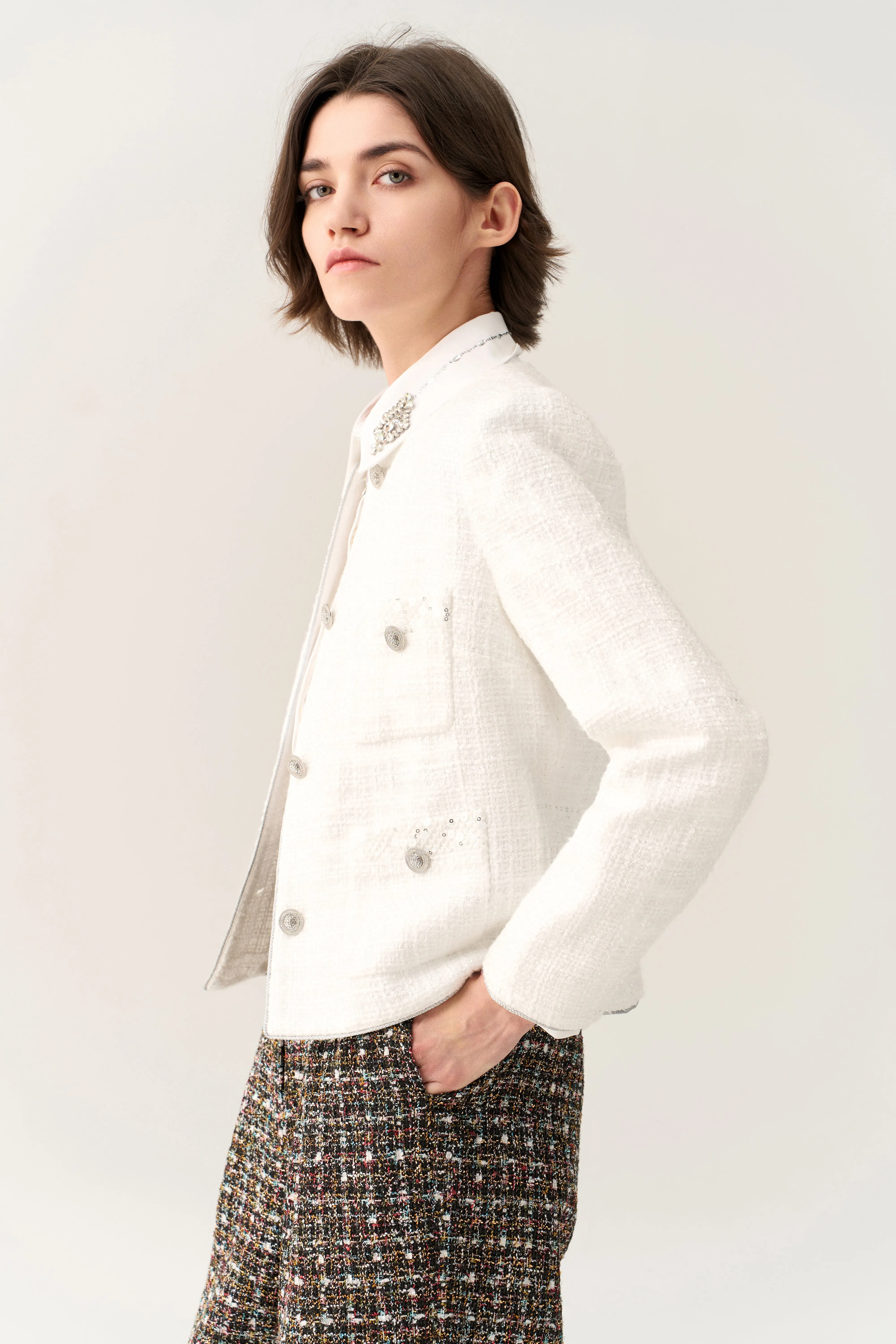 Sequin Detail Patch-pocket Tweed Jacket