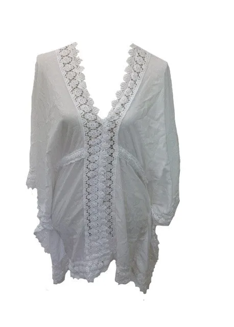 Sienna Lace Cotton Kimono in White Made In Italy By Feathers Of Italy One Size