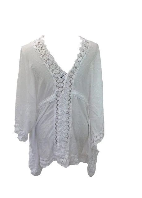 Sienna Lace Cotton Kimono in White Made In Italy By Feathers Of Italy One Size
