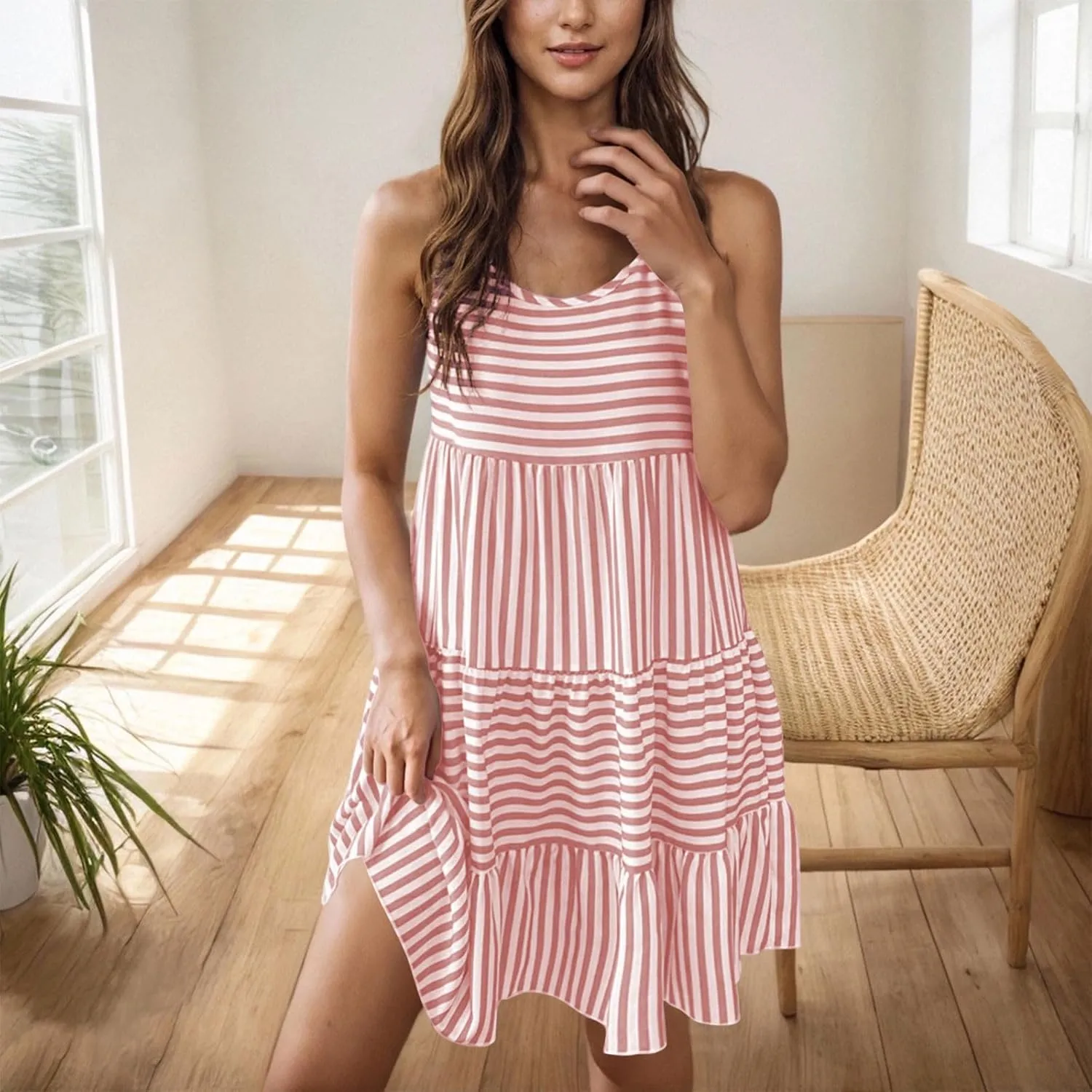 Summer Dresses for Women Adjustable Spaghetti Strap Beach Vacation Casual Cute Sundresses Layered Halter Dress S-2XL